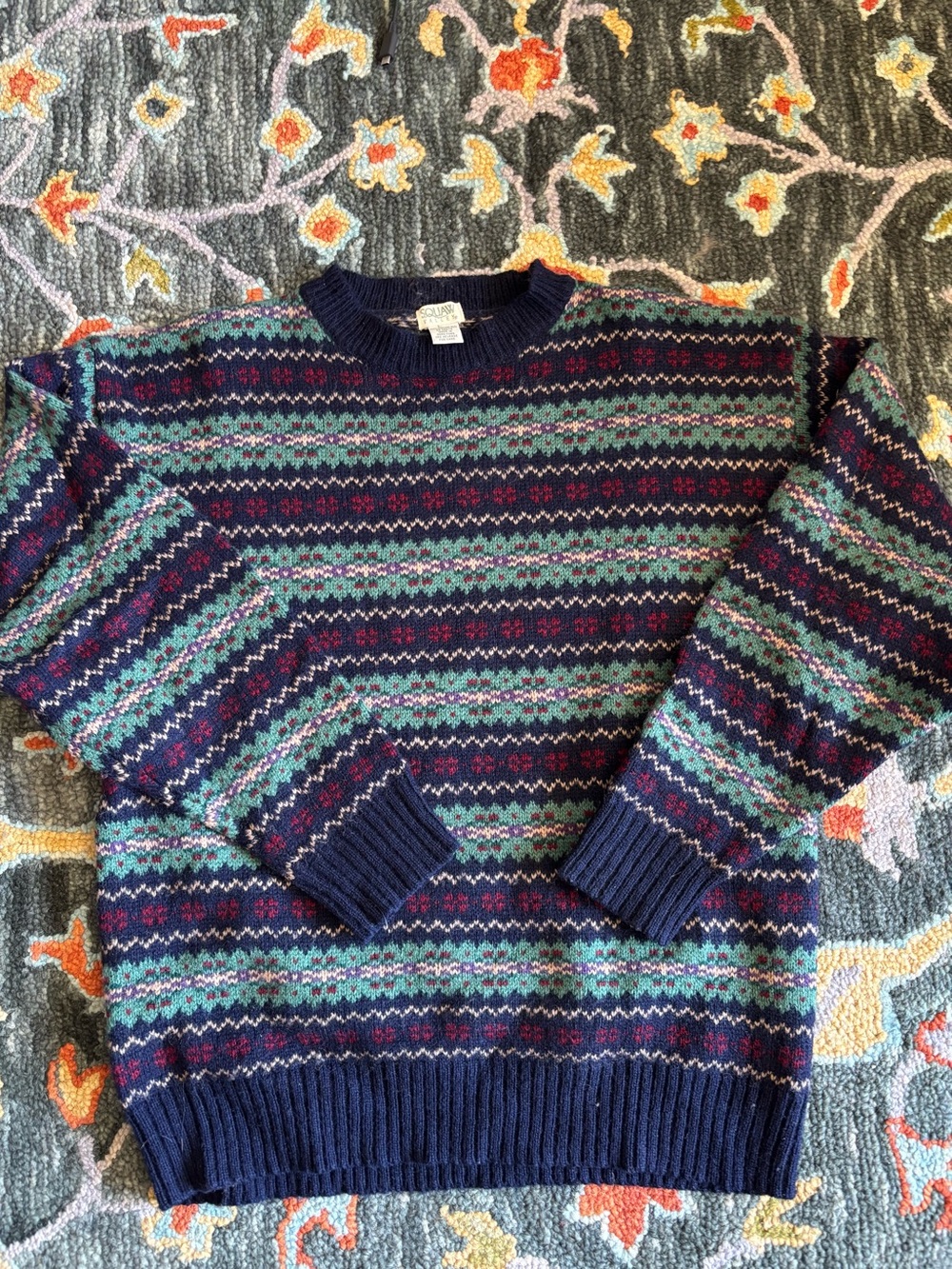 Classic Crewneck Fair Isle Sweater in Navy and Teal vintage 1990s